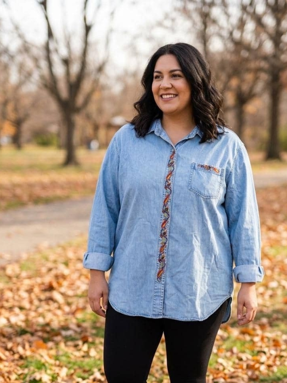 Light Blue Jeans Button-Down Shirt with Embroidered Placket • Size 1x